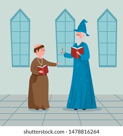 man monk and wizard with book and magic wand