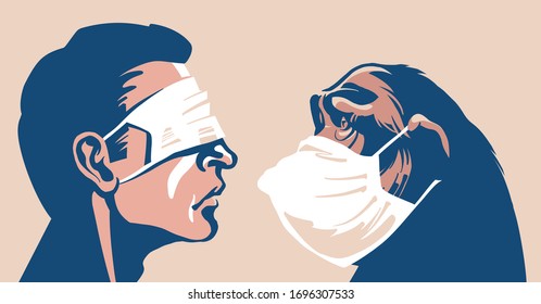 Man and monkey with medical face masks. Understanding problems