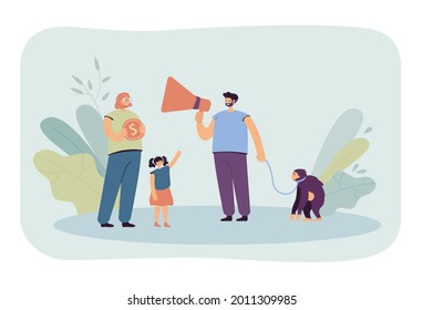 Man With Monkey On Leash Offering To Stroke Animal For Money. Mother Holding Gold Coin, Daughter Wanting To Play With Monkey Flat Vector Illustration. Business, Exploitation Of Wild Animals Concept