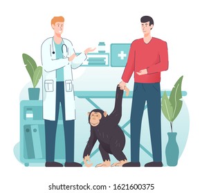 Man and monkey at veterinary clinic discussing with veterinarian. Animal health care and medical concept