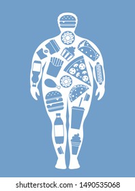 Man monochrome silhouette with scattered fast food elements. Unhealthy, junk food and obesty concept.