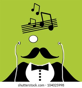 man with monocle and earphones and musical notes for hat