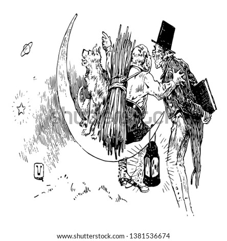 Man in the Moon, this scene shows a man on the moon talking to another man standing near him, dog and lantern on the moon, other star and planet in background, vintage line drawing or engraving