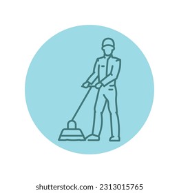 Man with a mop black line icon. Cleaning company. Pictogram for web page, mobile app, promo.