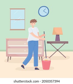 man with mop cleaning floor at home