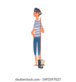 Man Mopping the Floor, Guy Doing Housework Vector Illustration