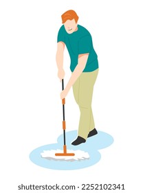 hombre cortando el suelo con una manija. limpiar la casa. concepto de higiene, actividad. ilustración vectorial en estilo plano.
