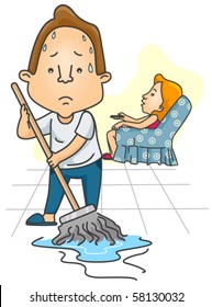 Man mopping floor while Wife is watching TV - Vector