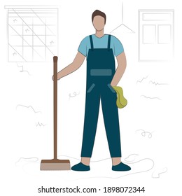Un hombre con mopas y escoba. Personal uniforme de la empresa de servicios de limpieza. hombre dibujante de caricaturas. ilustración vectorial en estilo plano sobre fondo blanco
