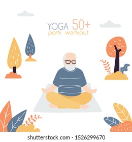 Man more than 50 year old practicing yoga outdoor location. Grandfather in lotus pose. Park workout and meditation. Athletic Elderly concept. Vector illustration