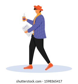 Man with morning newspaper flat color vector illustration. Person reads and drinks coffee. Getting new press. Fashionable young man in jacket isolated cartoon character on white background