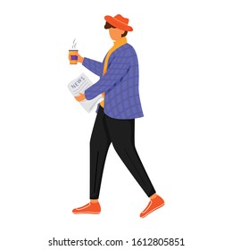 Man with morning newspaper flat color vector illustration. Person reads and drinks coffee. Getting new press. Stylish young man in jacket isolated cartoon character on white background