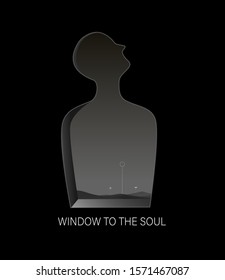 man mortality and end of life,  man silhouette on the black background looks like window, window to the man soul, vector