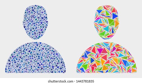 Man mosaic icon of triangle items which have various sizes and shapes and colors. Geometric abstract vector illustration of man.
