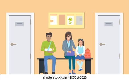 Man and mother with daughter sitting in hospital on bench and waiting for doctor to examine them, picture on vector illustration isolated on white