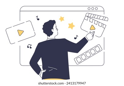 Man with motion graphics doodle concept. Young guy with wideo editor. Producton of cartoons. Freelancer and remote worker. Linear flat vector illustration isolated on white background