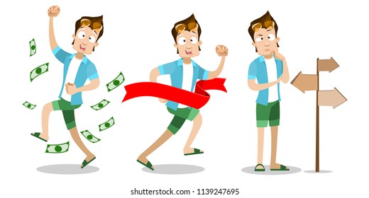 Man in motion with victory, on winning, in thought. Young and stylish male with sunglasses expresses three variants of emotions. Illustration human with money, runs through finish line, at crossroads