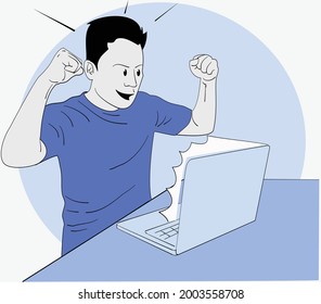 A man motivated in front of a laptop. Happy man in front of laptop. Hand drawn style vector design illustration.