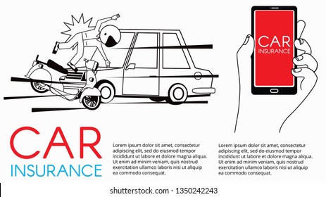 Man and motorcycle collide with front of car radically. vector for insurance card design