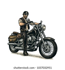 Man In The Motorcycle Helmet And Glasses Riding A Classic Chopper Bike. Side View. Vector Color Engraving Vintage Isolated On White Background. For Poster And T-shirt Biker Club