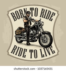 Man in the motorcycle helmet and glasses riding a classic chopper bike. Side view. Born to ride, ride to live lettering. Vector color engraving vintage for poster and t-shirt biker club svg
