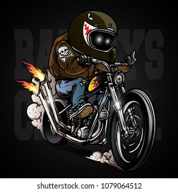 Man in the motorcycle helmet riding a classic chopper bike