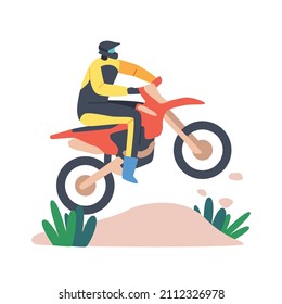 Man Motorcycle Rider Extreme Activity, Competition. Speed Racing, Motocross Rally Concept. Biker Male Character Wearing Helmet Riding Motorbike Take Part in Tournament. Cartoon Vector Illustration