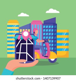 man in motorcycle smartphone app location city fast delivery vector illustration