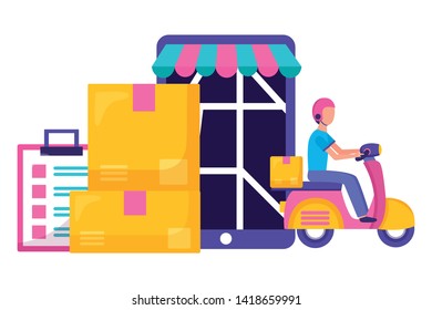 man in motorcycle smartphone boxes clipboard fast delivery logistic vector illustration