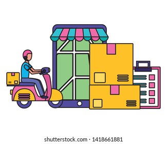 man in motorcycle smartphone boxes clipboard fast delivery logistic vector illustration