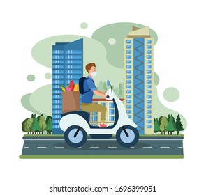 man in motorcycle using face mask transport groceries vector illustration design