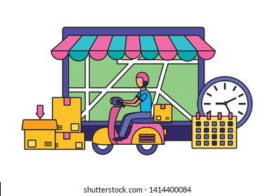 man in motrocycle laptop calendar clock fast delivery vector illustration