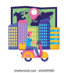 man in motrocycle map navigation city fast delivery vector illustration