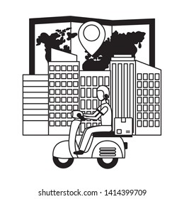 man in motrocycle map navigation city fast delivery vector illustration