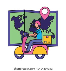 man in motrocycle map navigation fast delivery vector illustration