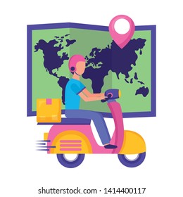 man in motrocycle map navigation fast delivery vector illustration