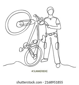 Man with mountain bike. Sport sketch in line style. Editable contour. Vector