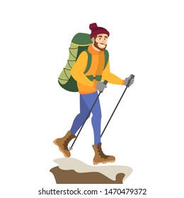 Man mountain climber in special winter clothes with backpack hiking. Extreme sport, alpinist walking. Isolated vector illustration in cartoon style