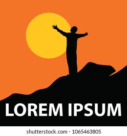 man, mountain and evening sun, logo
