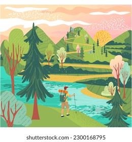 Man in mountain vector landscape flat illustration