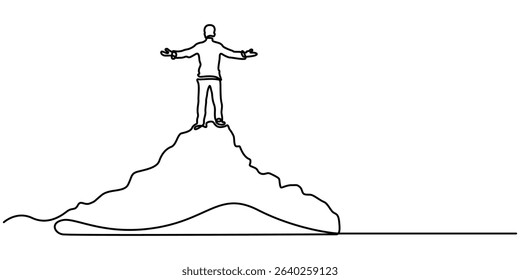  Man mountains continuous one line drawing, Drawing of businesswoman with flag on mountain peak concept for achievement. Single continuous line art style. 