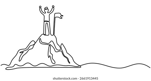 Homem montanhas contínuo um desenho de linha, Desenho de homem com bandeira no conceito de pico de montanha para a realização. Estilo de arte de linha contínua única.