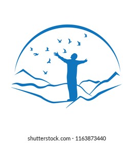 man, mountains, sun and wild birds, logo icon