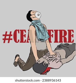 A man mourns the death of his brother. War protest poster for ceasefire.