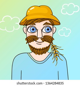 Man with moustache and beard in the panama hat and with wheat spikelet in the mouth