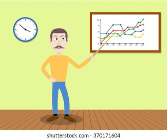 man with moustache giving a presentation in office. Vector illustration.