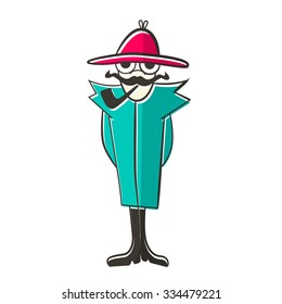Man with Moustache, Hat and Pipe Isolated on White Background