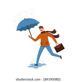 Man with Moustache Running with Umbrella in Autumn Day Vector Illustration