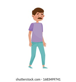 Man with Moustache Walking Along the Street Vector Illustration