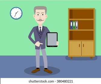 man with moustaches shows an empty tablet. Vector illustration.